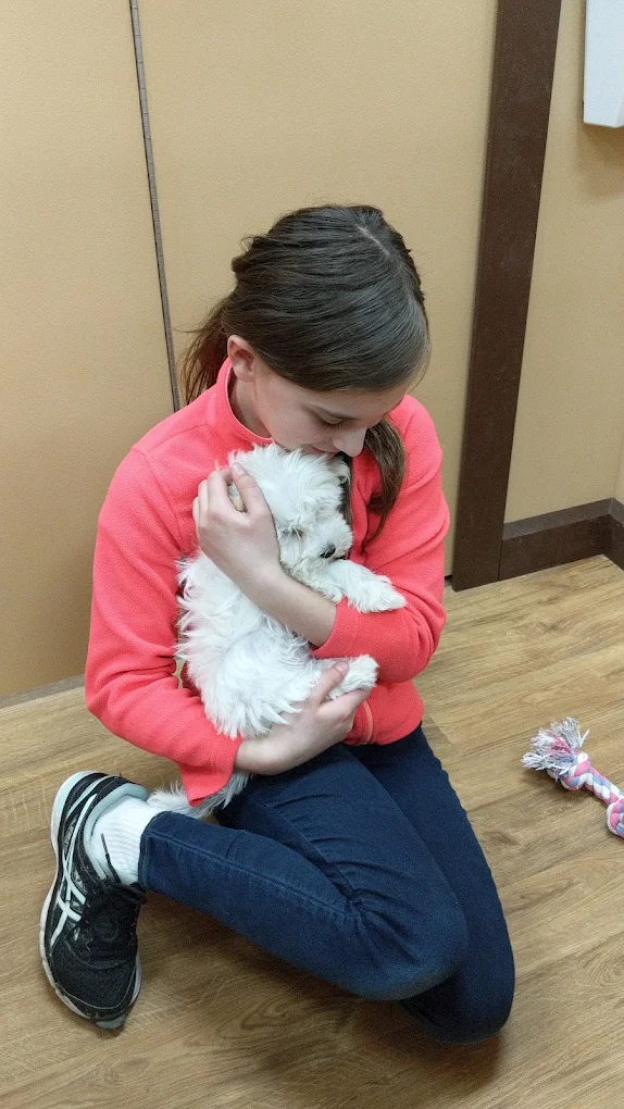 A young person cuddling a white puppy